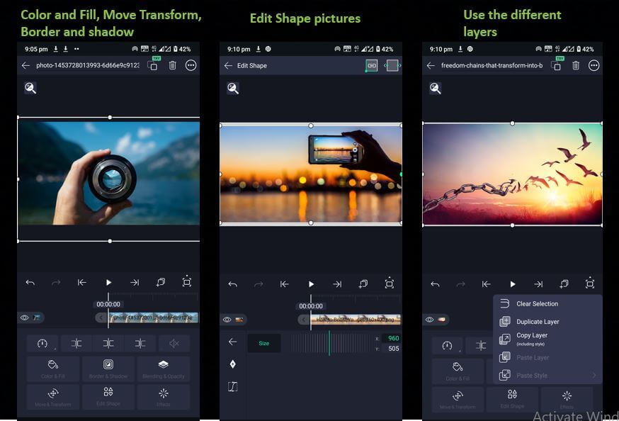 Alight motion app features color and fill, edit shapes, layers